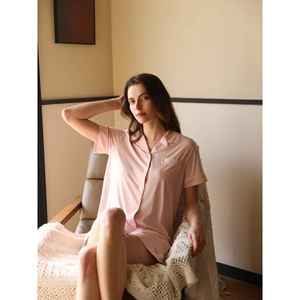 Conjunto de Pijama de Manga Corta para Mujer NakedSoft, Estilo Clásico, Bata de Bambú Tejida, Diseño de Cerezas, Color Rosa Suave, para Ropa de Dormir de Verano, ODM - Product Image 3