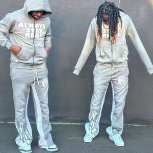 Fabricantes de ropa personalizada Serigrafía Sudadera con capucha con cremallera completa Sudadera con capucha Dos piezas apiladas Pantalones de chándal acampanados SetWomenTracksuits - Product Image 2