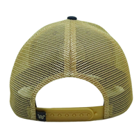 Casquette de camionneur personnalisée 6 panneaux, broderie tissée, bandes de couture imprimées en maille jaune bleu marine, boucle en plastique unique unisexe