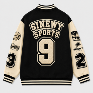 SINEWY SPORTS <b>Men's</b> Varsity <b>Jacket</b> Black Cream Embroidered <b>Letter</b> Patch Design Preppy Style Turn-down Collar Regular Fit - Product Image 5