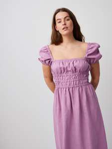"Vestido MIDI de lino violeta lavanda con mangas abullonadas y cintura natural Vestido de noche de una pieza hasta la rodilla para mujer" - Product Image 3