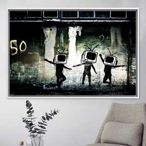 Impresión de Arte en Lienzo de Vidrio Templado de Banksy Dancing TV, Lienzo Enmarcado en Blanco - Product Image 1