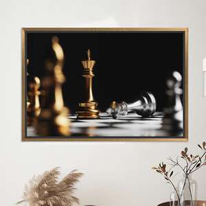 Golden Chess King Victory Printed Canvas, Modern Strategy Office Decor,GOLD <b>FRAMED</b> CANVAS - Product Image 1