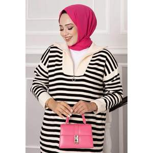 Ecru-noir fermeture éclair rayé robe en tricot été décontracté Viscose Nylon a-ligne moulante droite taille naturelle plaine teint imprimé solide - Product Image 1