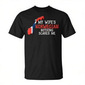 Camiseta promocional de Noruega con la frase: Mi esposa es noruega, nada me asusta, esposo. - Product Image 2