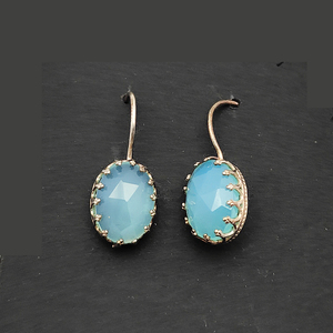 Aqua Calcedonia 14x10mm Oval 925 Pendientes colgantes de plata esterlina 4.81gm Piedra preciosa Joyería hecha a mano para mujeres Chica Pendientes finos - Product Image 1