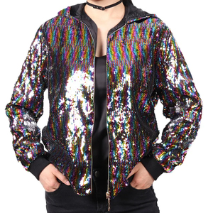 2025 femmes mode décontracté solide motif Flip couleur paillettes Baseball vestes nouvelle Europe USA brillant ample à capuche Concert vestes - Product Image 1