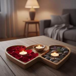 Plateau de service ovale en bois à deux cœurs, décoratif et compartimenté, idéal pour les collations, facile à nettoyer, ustensile de cuisine - Product Image 1