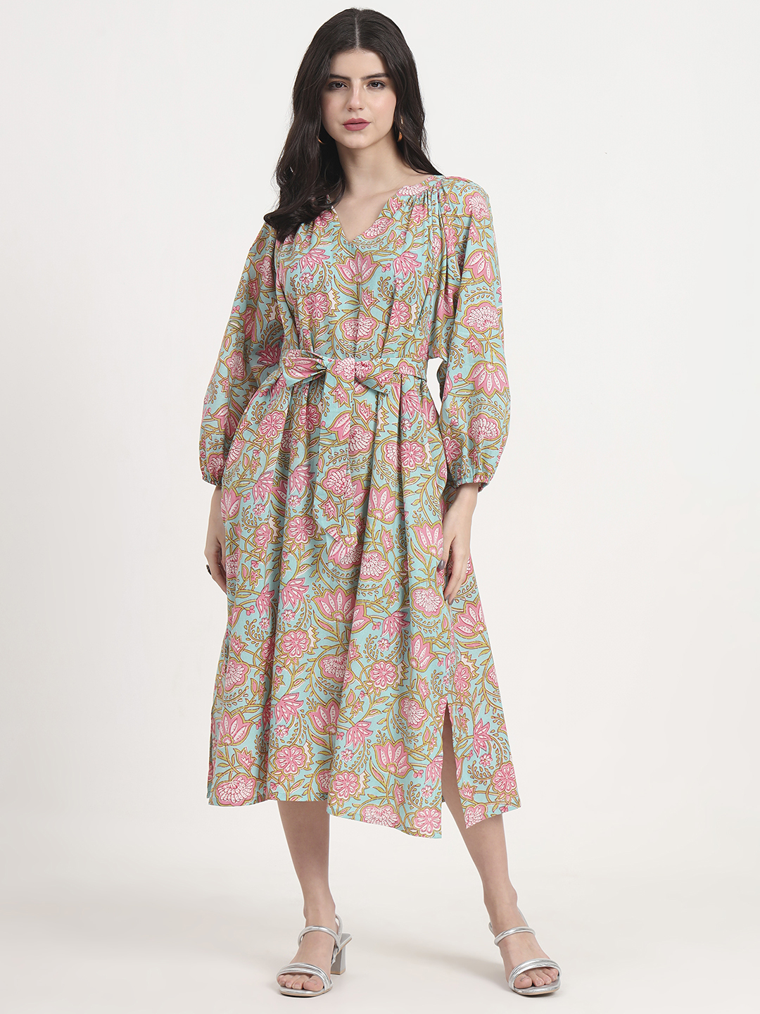 mint green and pink dress Floral Print Midi V-Neck Long Sleeves Belted Dropped Waist Ball Gown Silhouette Casual Style for Summer Suitbae