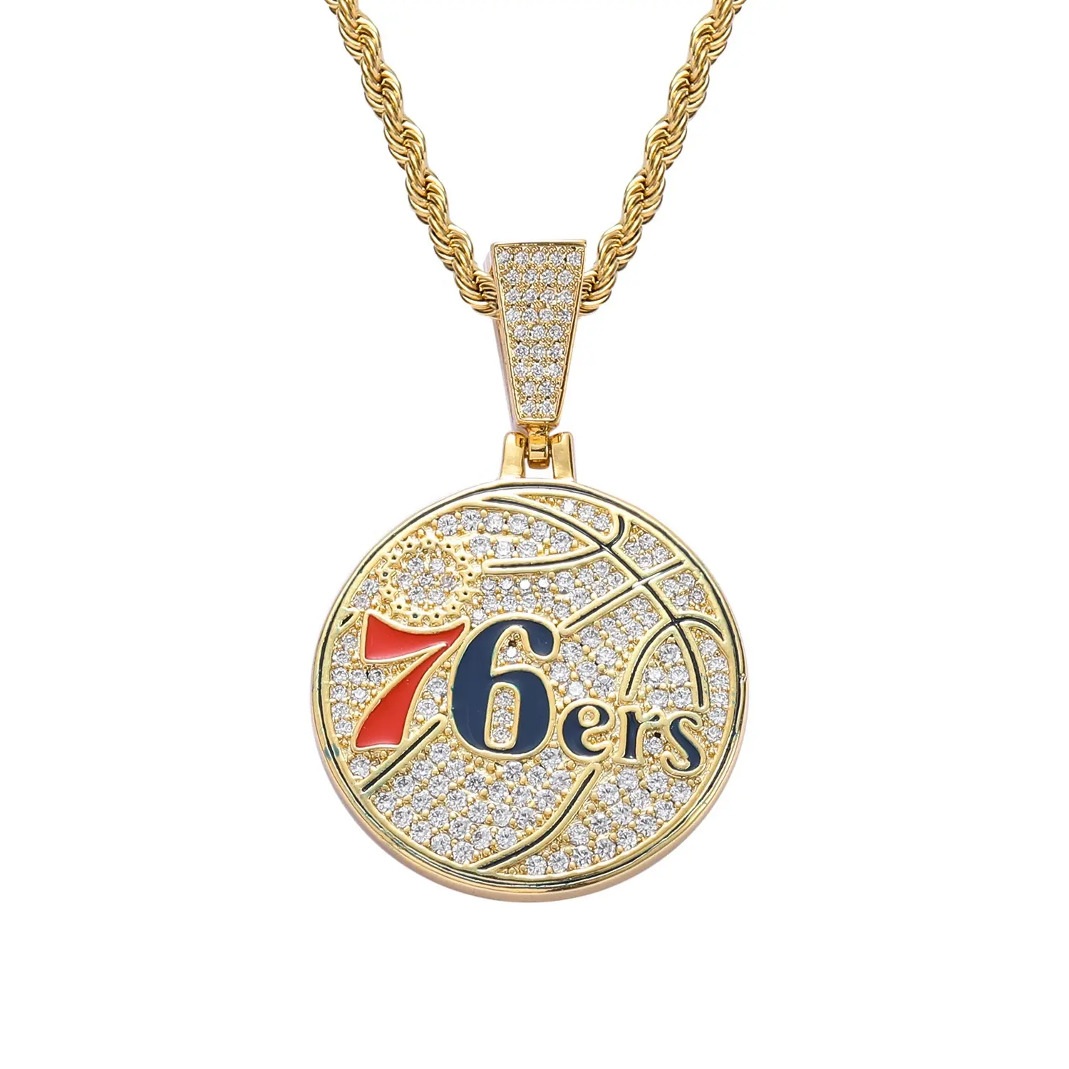 Collana Hip-Hop gioielli Fan regalo commemorativo smalto filfia colore 76ers squadra forma rotonda ciondolo ghiacciato