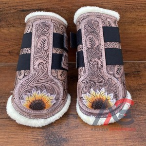 รองเท้าบูทสไตล์อังกฤษหนังวัวลายดอกทานตะวันทำด้วยมือสไตล์ตะวันตกรองเท้าบูทหุ้มข้อหนังแท้อุปกรณ์เสริมสำหรับม้า - Product Image 1