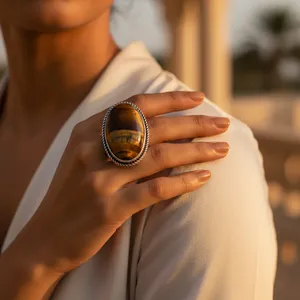 Bague en argent 925 pour femmes, œil de tigre, plaqué rhodium, pierre précieuse ovale, motif géométrique, or jaune avec incrustation découpée pour les mariages - Product Image 2