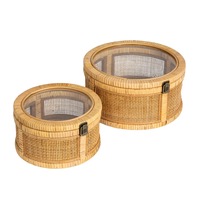 Boîte de rangement ronde en rotin empilable avec couvercles en verre, boîte de rangement artisanale, écologique, naturelle, décoration intérieure et extérieure, vente en gros du Vietnam