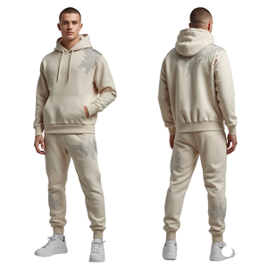 Ensemble de survêtement de qualité supérieure pour homme, couleur beige crème, avec strass en cristal, sweat à capuche et pantalon de jogging en molleton de coton épais - Product Image 2