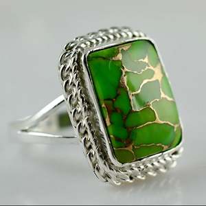Green Copper <b>Turquoise</b> <b>Ring</b> 925 Sterling Silver Handmade Promise <b>Ring</b> for Women Bezel Setting Cushion Style Perfect Gift - Product Image 3