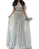 Robe de soirée de luxe pour femme, taille empire, col rond, longueur ras du sol, silhouette trapèze, ornée de perles, de cristaux et de diamants, avec broderie intégrée
