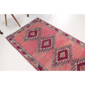 Tapis vintage, tapis turc 3,2x10,9 pieds, tapis en laine rouge rose uni - Product Image 1