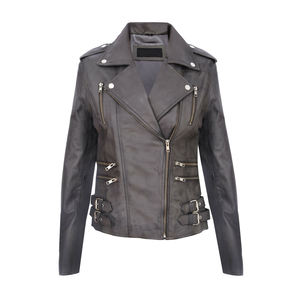 Veste à glissière longue en cuir véritable noir pour femme-Vintages serrés-Style motard - Product Image 6