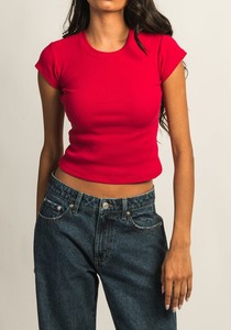 Top corto acanalado de algodón 100% para mujer, ajustado, de manga corta, estilo de cuello, Color sólido, informal, de verano, uso diario con decoración de logotipo - Product Image 3
