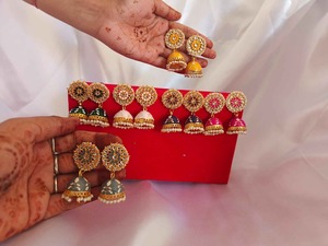 Handmade Indian Meenakari Jhumka Earrings Gold Plated Brass Jewelry With Pearls Wedding Party Wear Dangling Earrings For Women - Product Image 2