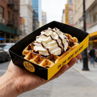 Emballage alimentaire jetable en papier à ouverture supérieure pour crème fouettée, sauce au chocolat, gaufre, plateau à gaufres