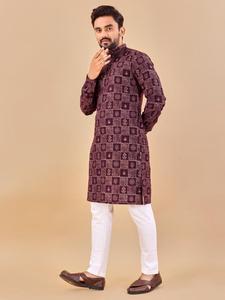 Pyjama Kurta en coton de créateur multicolore style Manyavar pour hommes, vêtement de mariage indien pakistanais, imprimé en relief - Product Image 5