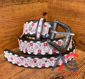 Cinturones florales pintados a mano y mecanizados a mano, cinturones unisex de cuero auténtico hechos a mano, novedad - Product Image 1