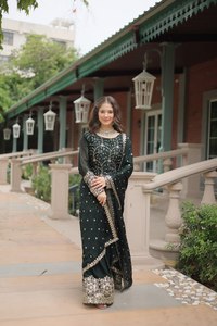 Nouveau Sequin Brodé Sharara Gharara Kurti Ensemble Pakistanais Designer Ethnique Porter 3 Pcs Cousu Georgette Tissu Ensemble - Product Image 3