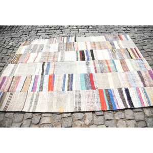 พรมวินเทจขนาด 5.5x7.5 ฟุต พรมปะติดปะต่อ พรมขอบสีเบจ ทำจากขนสัตว์ - Product Image 4