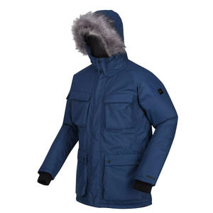 Veste parka d'hiver rembourrée imperméable bleue pour homme avec fermeture éclair, poches avant et fausse fourrure sur le capuchon, veste pour homme, design OEM - Product Image 5