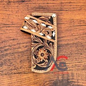 ปลอกหุ้มมีดหนังวัวแท้พับได้พร้อมห่วงเข็มขัดหนังวัวแกะสลักลายดอกไม้ตะวันตก - Product Image 1