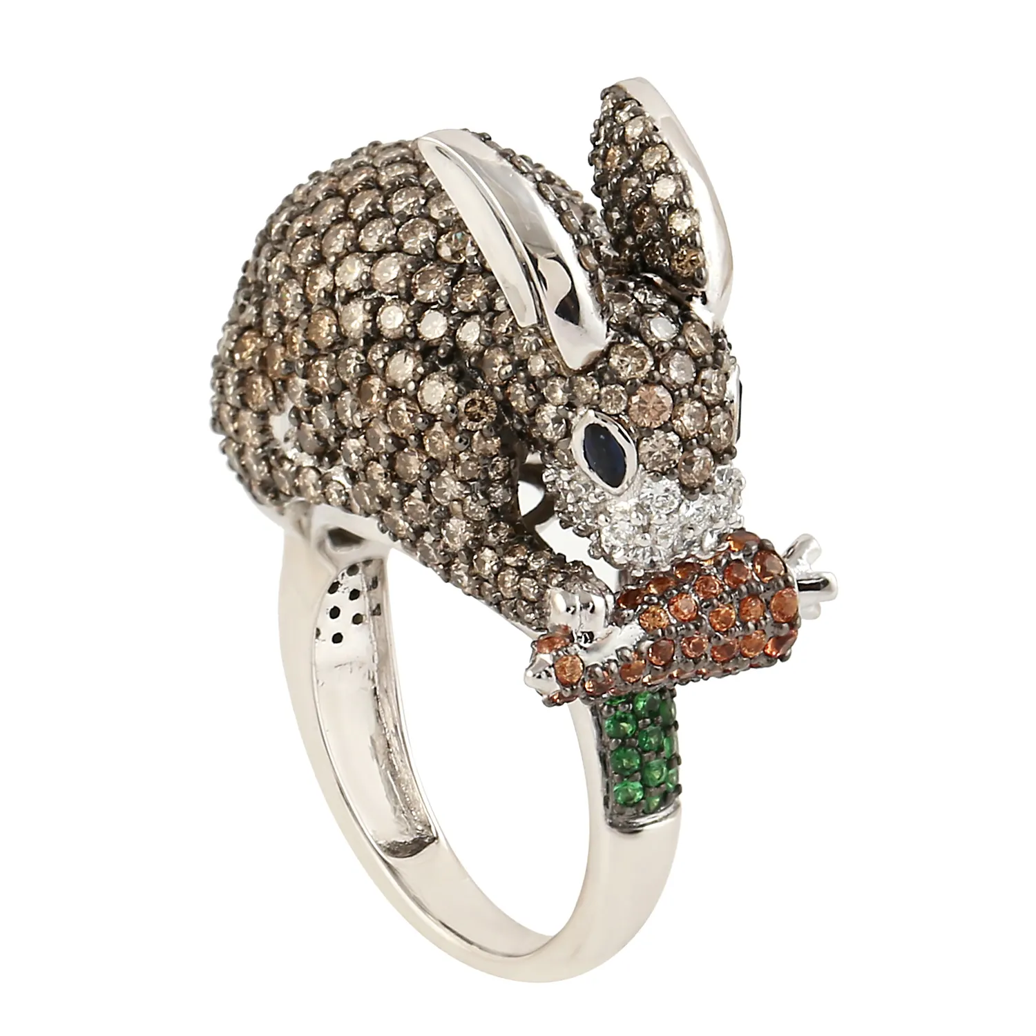 Natuurlijke Diamant, Tsavoriet & Saffier Konijn Charme Fauna Ring In 18K Wit Goud Groothandel Sieraden