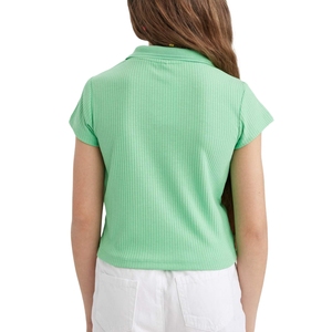 Camiseta Polo Verde Menta de Corte Regular para Niñas, Estilo Ribbed, Cuello Polo Sólido, Manga Corta, Algodón - Product Image 4