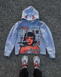 เสื้อฮู้ดดี้พิมพ์ลาย DTG ผ้าฝ้ายเฟรนช์เทอร์รี่ 100% สไตล์สตรีทแวร์ ลายเปลวไฟ สีตัดกัน ขอบดิบ สำหรับผู้ชาย - Product Image 2