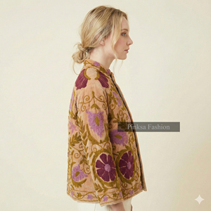 Chaqueta de punto de terciopelo de algodón Suzani |   Abrigo Bohemio para Mujer Otoño/Invierno |   Patrón Floral Bordado Transpirable y Resistente al Viento - Product Image 5
