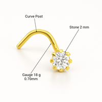 Piercing de Nariz de Oro Sólido de 14K, 2mm, con Zirconia Engastada en Garra, Poste Curvo de 18G, Hipoalergénico, Unisex, Diseño Atractivo, Suministro de Fábrica JJ Bravo