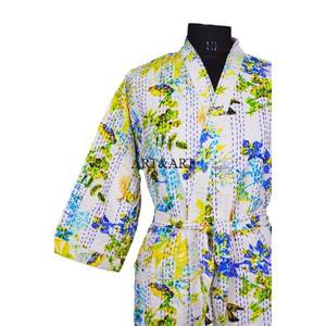 Beautiful Elegant Indian Cotton Hand Block Print Kantha Floral <b>Kimono</b> <b>Robe</b> Wrap for Women with <b>Long</b> Sleeve - Product Image 5
