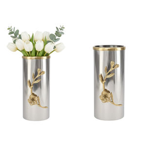 Vase à fleurs en acier inoxydable artisanal avec finition or antique, base sculpturale en feuille de palmier en laiton, décoration moderne pour la maison, utilisation sur table - Product Image 5