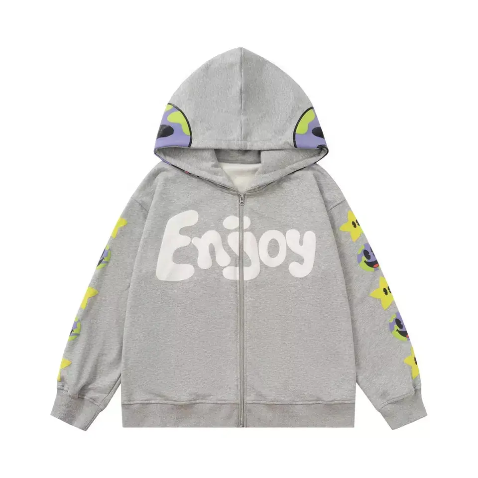 High Quality Custom Men Puff Print Hoodies Custom Print logo 100% cotton zipper heavyweight blank full face zip up hoodie