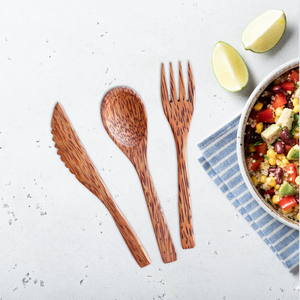 Ensemble de couverts en bois de noix de coco fabriqués à la main cuillère, fourchette et couteau écologiques | Vaisselle réutilisable Exportation en vrac Artisanat du Vietnam - Product Image 2
