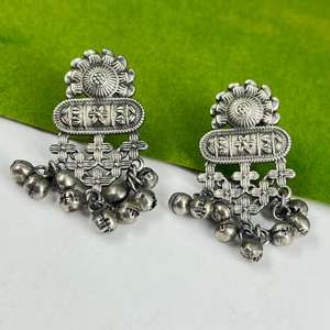 Boucles d'oreilles en laiton argenté oxydé, fabrication artisanale, style Banjara, pendantes, bijoux en laiton antique pour femme - Product Image 3