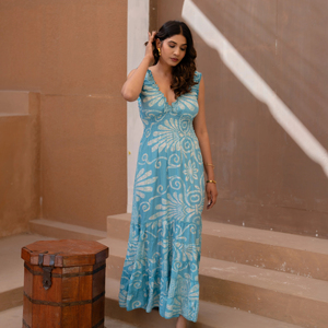 Vestido Midi Floral Turquesa con Estampado Batik, Cintura Natural, Ecológico, Transpirable, Estilo Bohemio para Verano y Vacaciones - Product Image 1