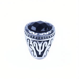Bague vintage en acier inoxydable argenté pour hommes, avec cristal noir CZ, style Harley Biker, tailles 8-12 SR133 - Product Image 3
