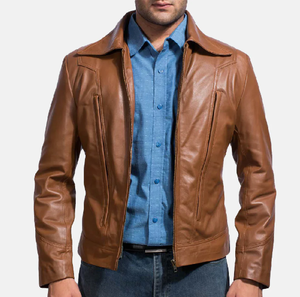Veste en cuir marron véritable pour hommes Style classique avec fermeture à glissière Veste en cuir Slim Fit pour hommes Streetwear Moto Style - Product Image 6
