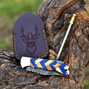 Offre Spéciale personnalisé fait à la main en acier damas couteau de poche pliant en cuir manche en bois beaux couteaux de Camping en plein air Support OEM - Product Image 2