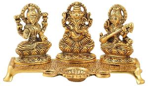 Pièce maîtresse en métal antique Laxmi Ganesh Saraswati Diyas Home Decor avec mèche à huile pour Diwali Wedding Corporate Gift Return Gift - Product Image 3
