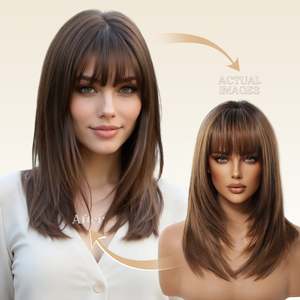 Perruque synthétique DWY pour femme, 18 pouces, marron, sans colle, fabriquée à la machine, coupe mi-longue dégradée avec dentelle marron clair et franges - Product Image 1