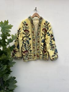 Chaqueta de algodón acolchada con bordado Floral Suzani hecha a mano para mujer, Vestido corto tejido transpirable para playa o invierno - Product Image 6