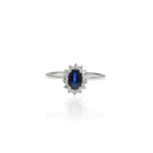 Beautiful Handmade 100% Authentic Premium Quality Oval Blue Sapphire And Round Diamond Minimal Ring 14K White Gold Promise Ring