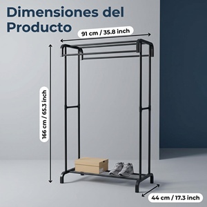 Porte-vêtements sur pied moderne noir en fer à double niveau, résistant, capacité 60 kg, 91x44x166 cm, pour salle de bain - Product Image 1